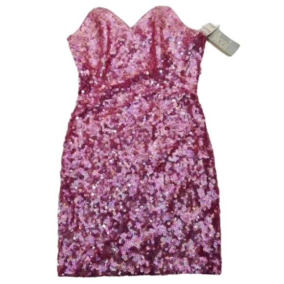 Modi NWT Strapless Mini Dress All Over Heavily Sequin Hot Pink Sweetheart Large - Picture 2 of 11